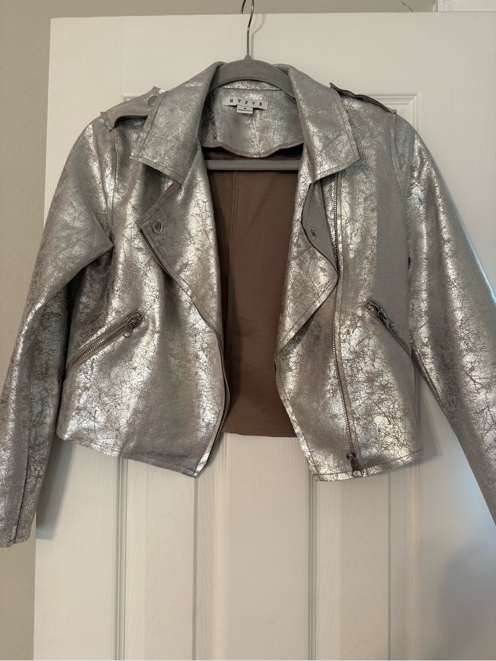 HYFVE Silver Metallic Cropped Moto Jacket